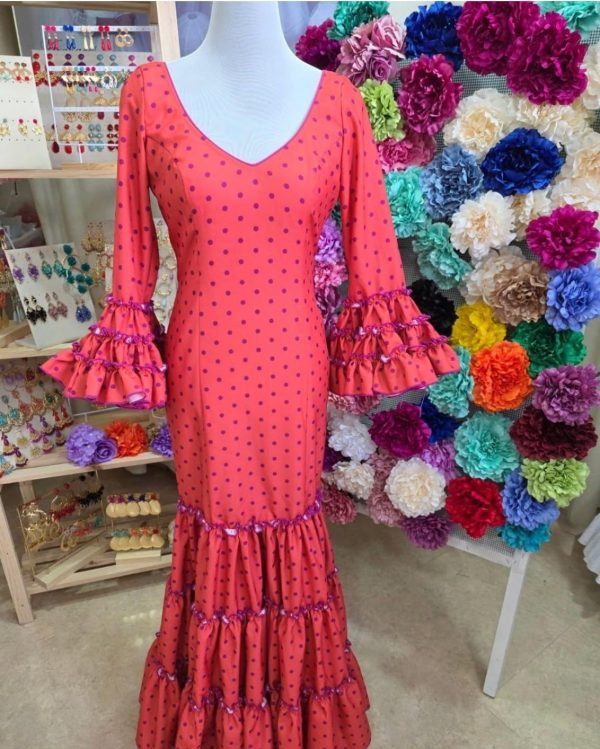 Vestido Sevilla coral con lunares buganvilla