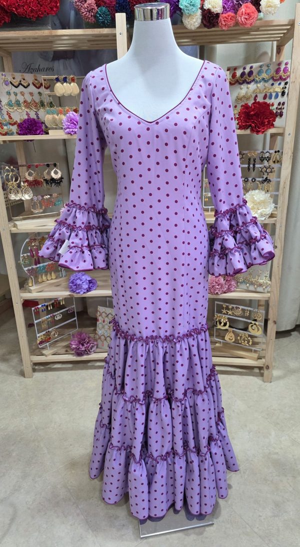 Traje de Flamenca Sevilla malva lunar bugandilla